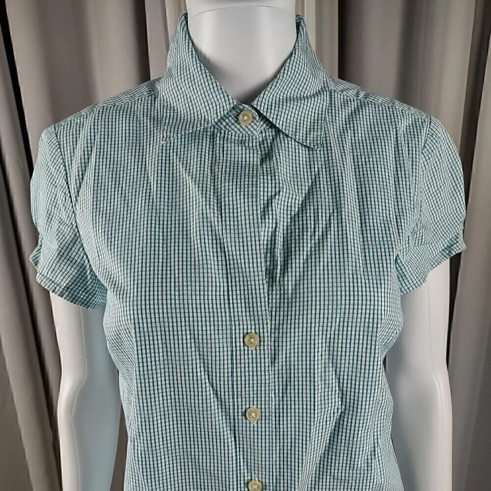 Ann Taylor 100% Cotton Blue White Checkered Short Sleeve Button Down Shirt Sz S - Picture 2 of 10